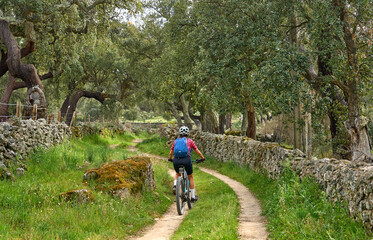 active senior woman cycling with her electric mountain bike in the rough landscape of National Parc Serra de São Mamede near Marvao in central Portugal, Europe - 795368400
