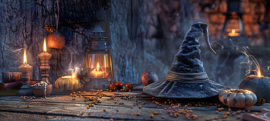  Halloween theme , decorations with jack-o'-lantern . AI generated. - obrazy, fototapety, plakaty
