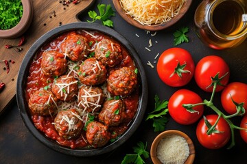 meatball in sauce with cheese and cherry tomato