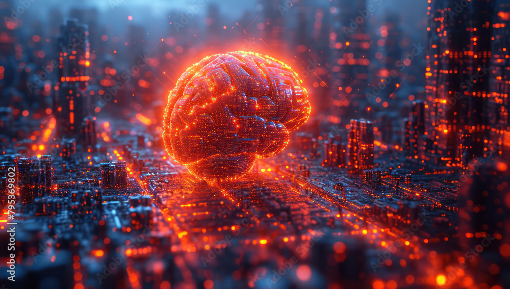 Poster Glowing Artificial Intelligence Brain over Computer Electronic Circuit Boards extreme closeup. Generative AI