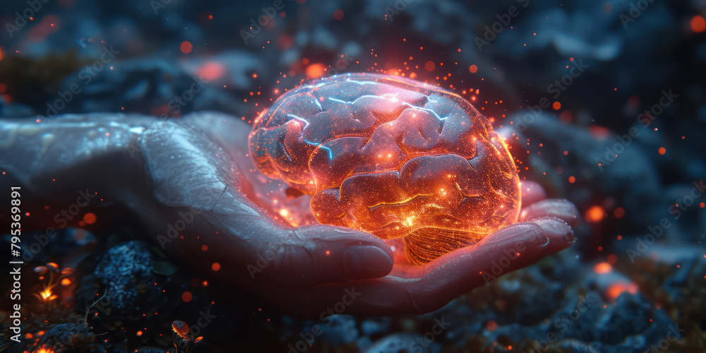 Poster glowing artificial intelligence brain in the hands of a female engineer extreme closeup. generative 
