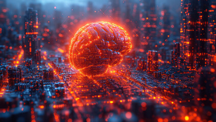 Glowing Artificial Intelligence Brain over Computer Electronic Circuit Boards extreme closeup. Generative AI