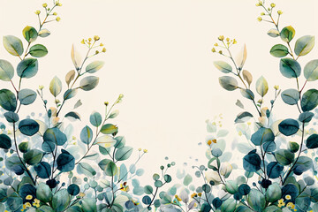 Symmetrical floral design with blue and yellow leaves and blossoms on a light background