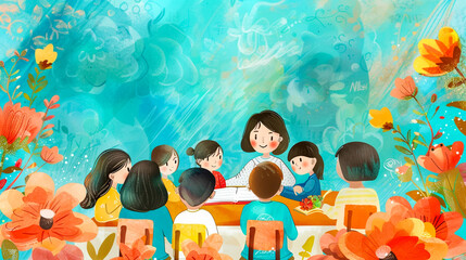 classroom background illustration for teachers day,generative Ai