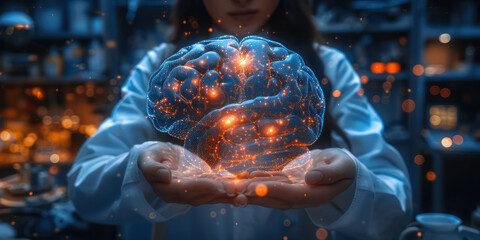 Glowing Artificial Intelligence Brain in the Hands of a Female Engineer extreme closeup. Generative AI