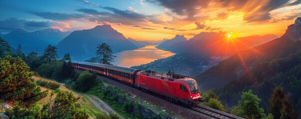 Railway and train at sunrise.
