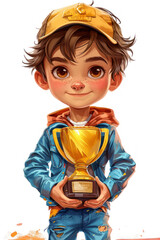 Cute Cartoon Boy with Golden Award Trophy in His Hands extreme closeup. Generative AI