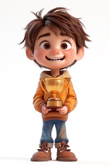 Cute Cartoon Boy with Golden Award Trophy in His Hands extreme closeup. Generative AI