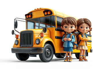 Cartoon Boy and Girl Character Standing Near a School Bus extreme closeup. Generative AI