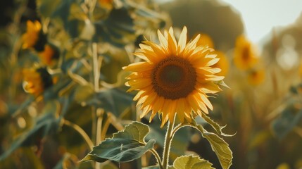 A bright sunflower stands tall in the center of a vast field