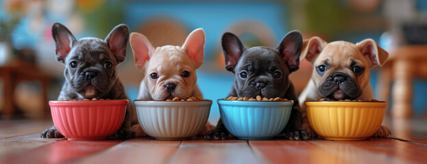 Baby French Bulldogs  in front of Bowls of Dog Food extreme closeup. Generative AI