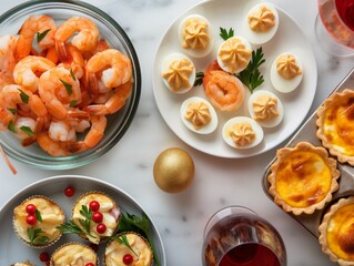 A table with a variety of appetizers and desserts, including shrimp, egg custard, and pastries