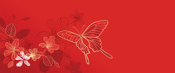 Happy Chinese new year background vector. Luxury wallpaper design with chinese flower, butterfly on red background. Modern luxury oriental illustration for cover, banner, website, decor.