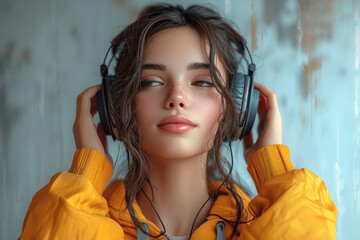 Portrait of a Beautiful Young Girl Listening to Music on Headphones extreme closeup. Generative AI