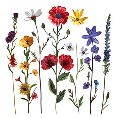  A collection of wildflowers, including red poppies and blue indigo flowers, in the style of clip art sticker with white background
