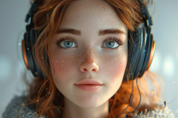 Portrait of a Beautiful Young Girl Listening to Music on Headphones extreme closeup. Generative AI
