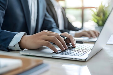 closeup of man hand working and typing on a laptop in office
