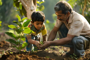 indian father and his son planting a tree outdoors