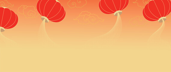 Obraz premium Happy Chinese new year background vector. Luxury wallpaper design with chinese lantern, cloud on gold background. Modern luxury oriental illustration for cover, banner, website, decor.