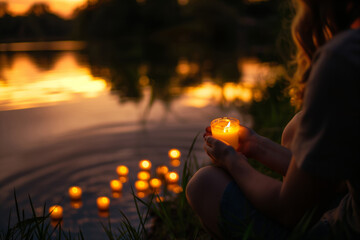 World Environment Day.Woman holding candle by lake at night, creating orange glow reflected on water. Generative AI