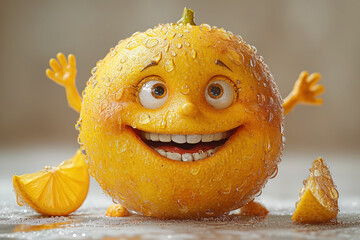 Fun Cartoon Happy Lemon Character with Hands and Legs extreme closeup. Generative AI