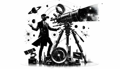 Silhouette of an astronomer on a white background. - obrazy, fototapety, plakaty