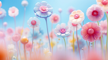 Soft-focus shot of a pastel groovy artwork featuring whimsical hippie flowers.