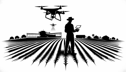 Fototapeta na wymiar Silhouette of a young farmer flying a drone to survey and spray fertilizer.