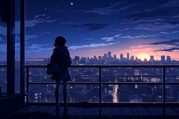 Fototapeta premium Anime girl standing on rooftop at sunset