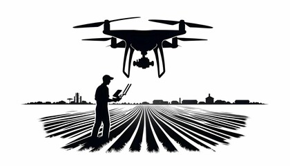 Silhouette of a young farmer flying a drone to survey and spray fertilizer.