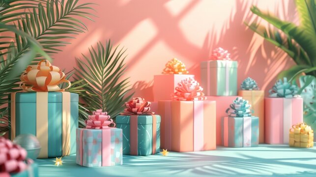 Blender 3D minimalist witch-themed gift boxes, Halloween toys inside, space for text, isolated