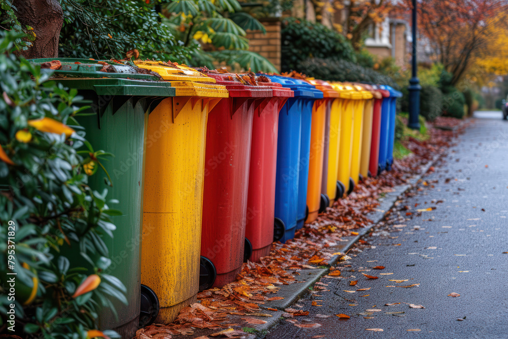 Poster row of colorful trash containers on the street extreme closeup. generative ai
