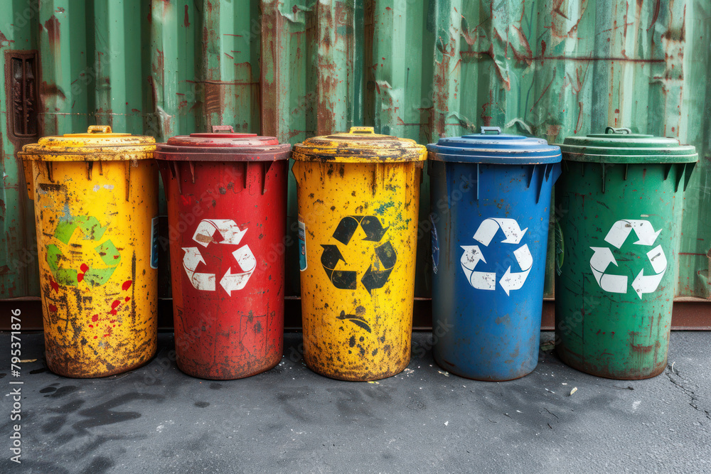 Poster row of colorful trash containers on the street extreme closeup. generative ai
