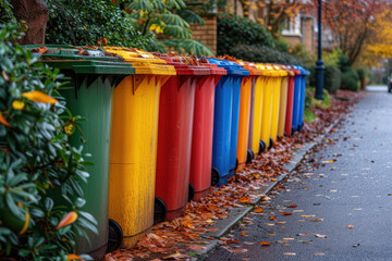 Row of Colorful Trash Containers on the Street extreme closeup. Generative AI