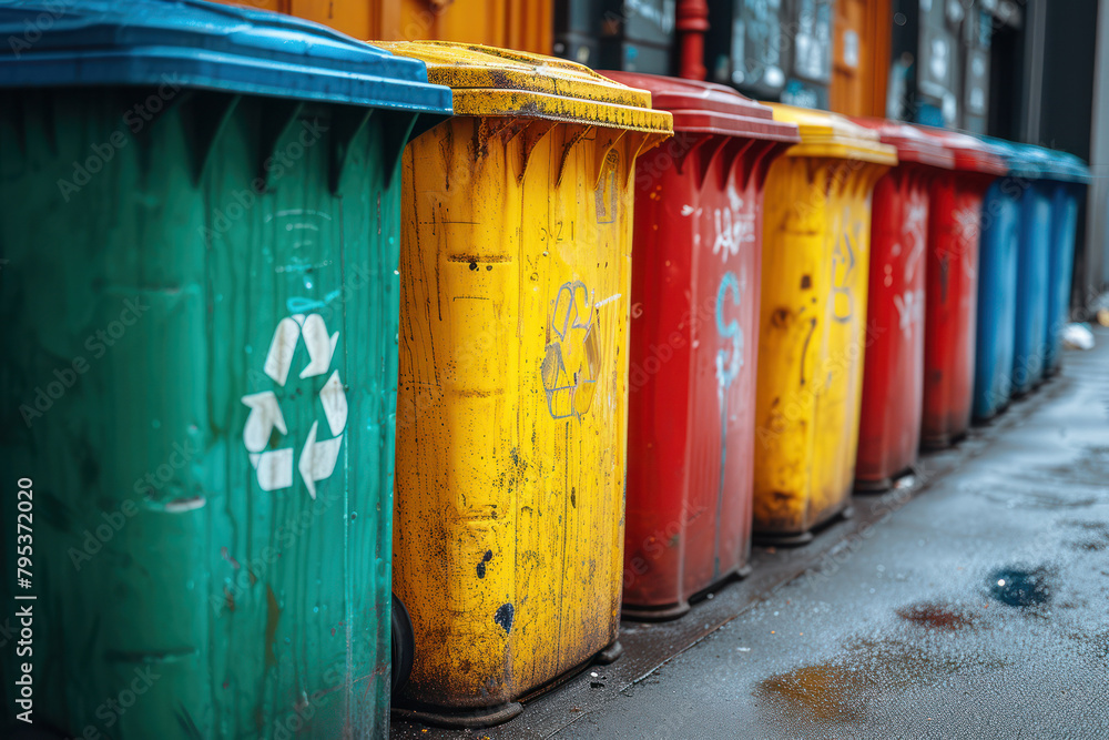 Poster row of colorful trash containers on the street extreme closeup. generative ai