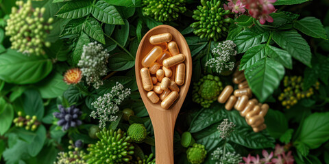 Wooden Spoon with Different Kinds of Pills and Herbal Vitamins extreme closeup. Generative AI