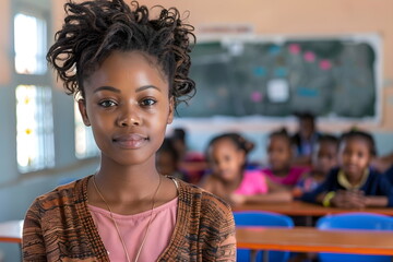 Portrait of a young african teacher woman standing in a classroom at school