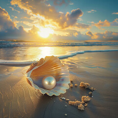 pearl on shell in a beach generated by AI