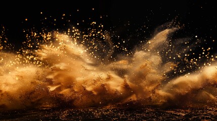 A dynamic visual of a sand explosion with vibrant splashes of gold sand against a dramatic black background, creating a captivating and luxurious effect.