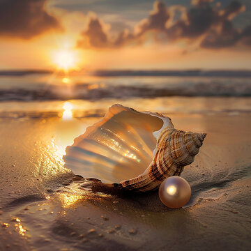 pearl on shell in a beach generated by AI