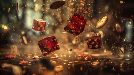 Red dice flying in the air on a dark background. Game concept