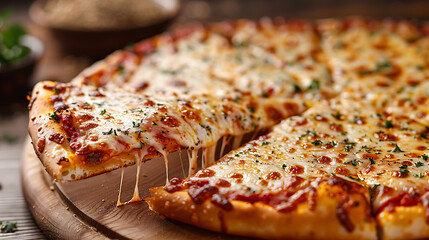 Pizza with mozzarella cheese and tomatoes on a wooden background