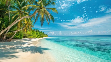 Luxurious tropical landscape. White sand with palm trees and azure sea. A heavenly place to relax. Beautiful exotic summer beach background for design. - obrazy, fototapety, plakaty