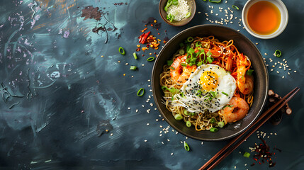 Bowl with Chinese, Korean food top view, commercial Food photo