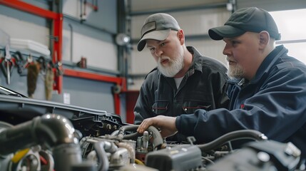 Fototapeta na wymiar Expert Mentorship: Mechanic Guides Apprentice Through Car Engine Repair Techniques in the Garage