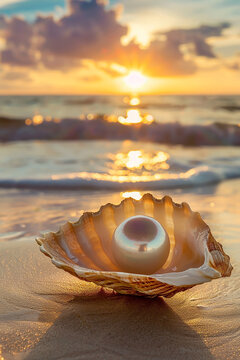 pearl on shell in a beach generated by AI