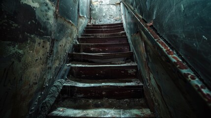 A chilling scene depicting a scary descent of stairs leading to a dimly lit basement, evoking a sense of suspense and foreboding.