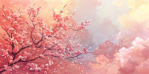 Light pink sky background with pastel color clouds with cherry blossoms . Pink clouds in the sky stage fluffy cotton candy ,summer paradise dreamy concept.banner - obrazy, fototapety, plakaty