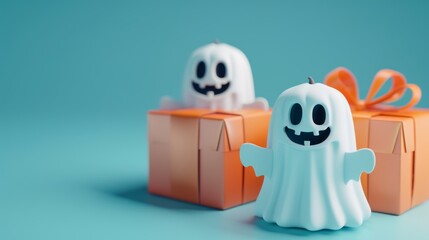 Ghost motif gift boxes, Blender 3D minimal style, Halloween treats inside, space for text, isolated
