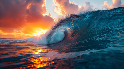 A wave is crashing in the ocean with a beautiful sunset in the background. The colors of the sunset are orange and pink, creating a warm and serene atmosphere. The water is calm and clear - Powered by Adobe